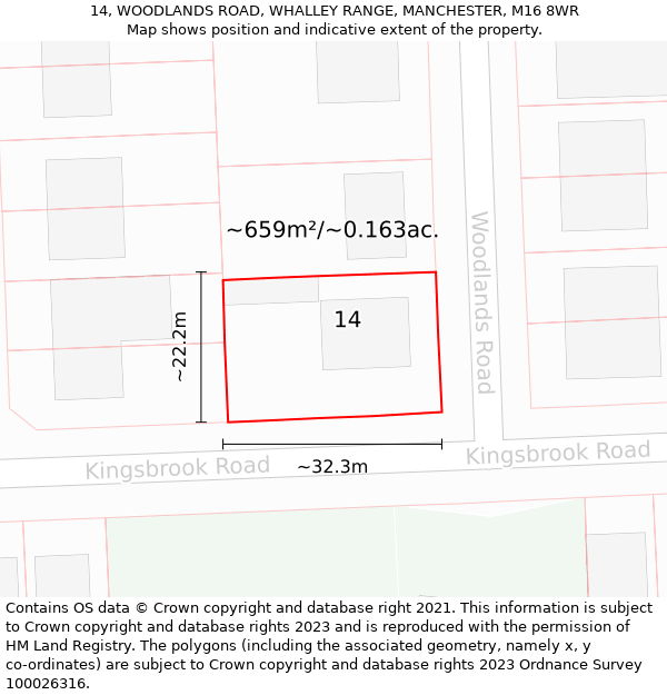 14, WOODLANDS ROAD, WHALLEY RANGE, MANCHESTER, M16 8WR: Plot and title map