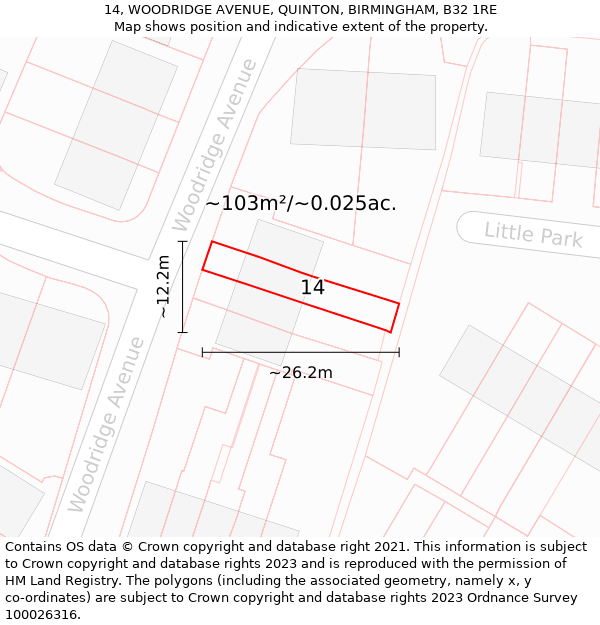 14, WOODRIDGE AVENUE, QUINTON, BIRMINGHAM, B32 1RE: Plot and title map