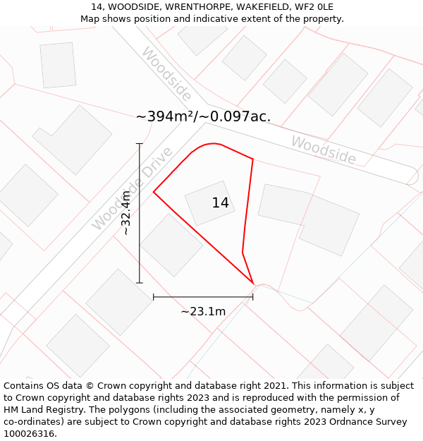 14, WOODSIDE, WRENTHORPE, WAKEFIELD, WF2 0LE: Plot and title map