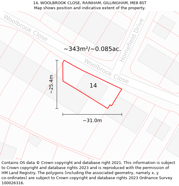 14, WOOLBROOK CLOSE, RAINHAM, GILLINGHAM, ME8 8ST: Plot and title map