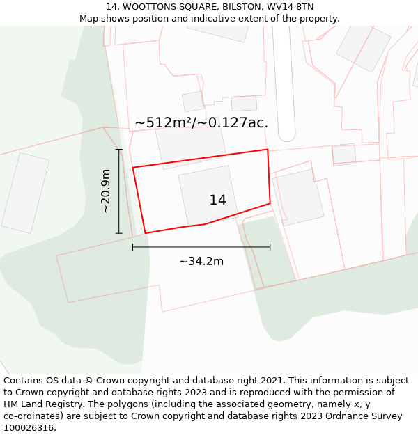 14, WOOTTONS SQUARE, BILSTON, WV14 8TN: Plot and title map