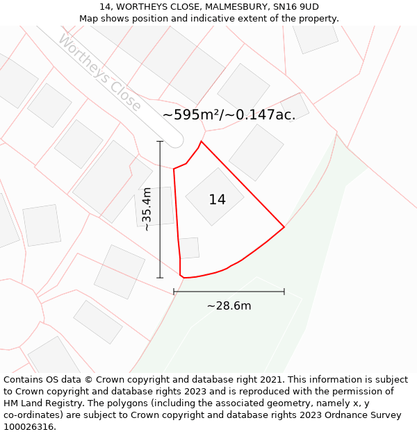 14, WORTHEYS CLOSE, MALMESBURY, SN16 9UD: Plot and title map