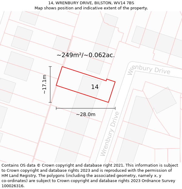 14, WRENBURY DRIVE, BILSTON, WV14 7BS: Plot and title map