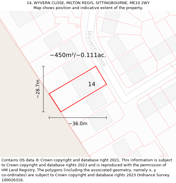 14, WYVERN CLOSE, MILTON REGIS, SITTINGBOURNE, ME10 2WY: Plot and title map