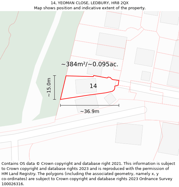 14, YEOMAN CLOSE, LEDBURY, HR8 2QX: Plot and title map