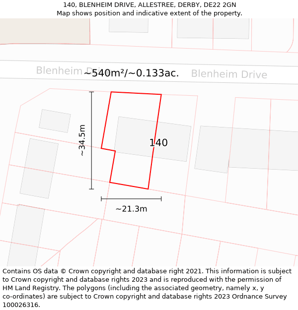 140, BLENHEIM DRIVE, ALLESTREE, DERBY, DE22 2GN: Plot and title map