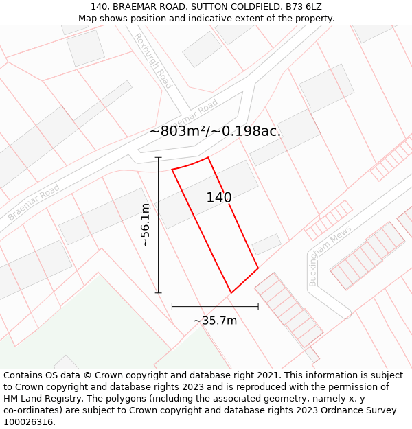 140, BRAEMAR ROAD, SUTTON COLDFIELD, B73 6LZ: Plot and title map