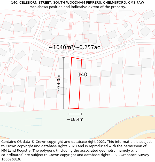 140, CELEBORN STREET, SOUTH WOODHAM FERRERS, CHELMSFORD, CM3 7AW: Plot and title map