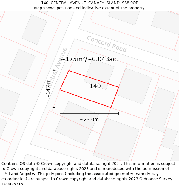 140, CENTRAL AVENUE, CANVEY ISLAND, SS8 9QP: Plot and title map
