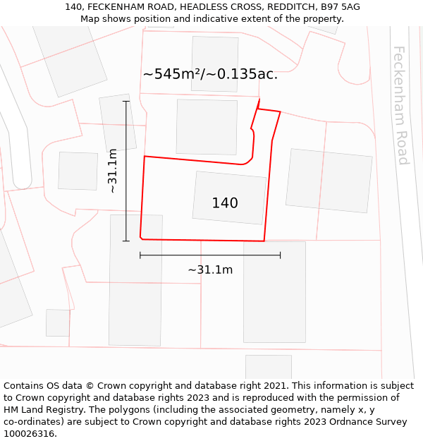 140, FECKENHAM ROAD, HEADLESS CROSS, REDDITCH, B97 5AG: Plot and title map