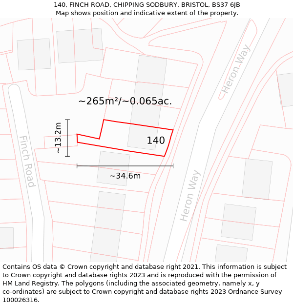 140, FINCH ROAD, CHIPPING SODBURY, BRISTOL, BS37 6JB: Plot and title map