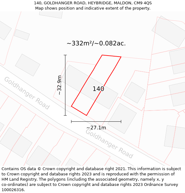 140, GOLDHANGER ROAD, HEYBRIDGE, MALDON, CM9 4QS: Plot and title map