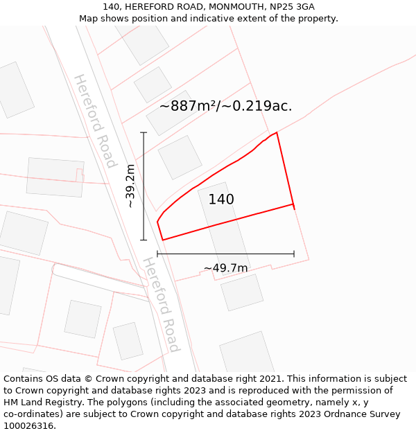 140, HEREFORD ROAD, MONMOUTH, NP25 3GA: Plot and title map