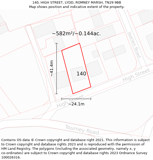 140, HIGH STREET, LYDD, ROMNEY MARSH, TN29 9BB: Plot and title map