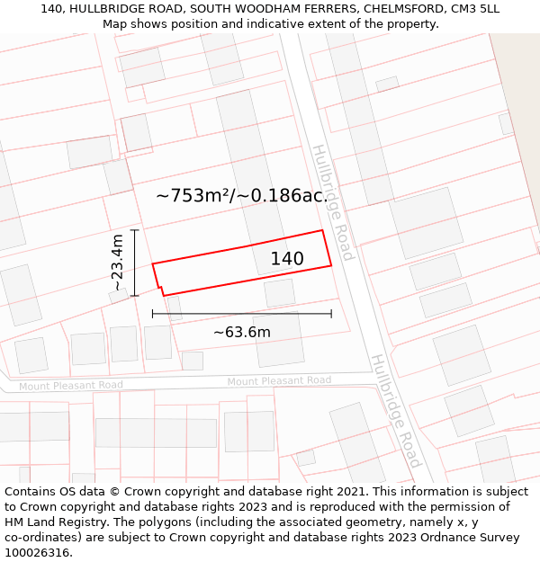 140, HULLBRIDGE ROAD, SOUTH WOODHAM FERRERS, CHELMSFORD, CM3 5LL: Plot and title map