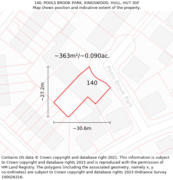 140, POOLS BROOK PARK, KINGSWOOD, HULL, HU7 3GF: Plot and title map