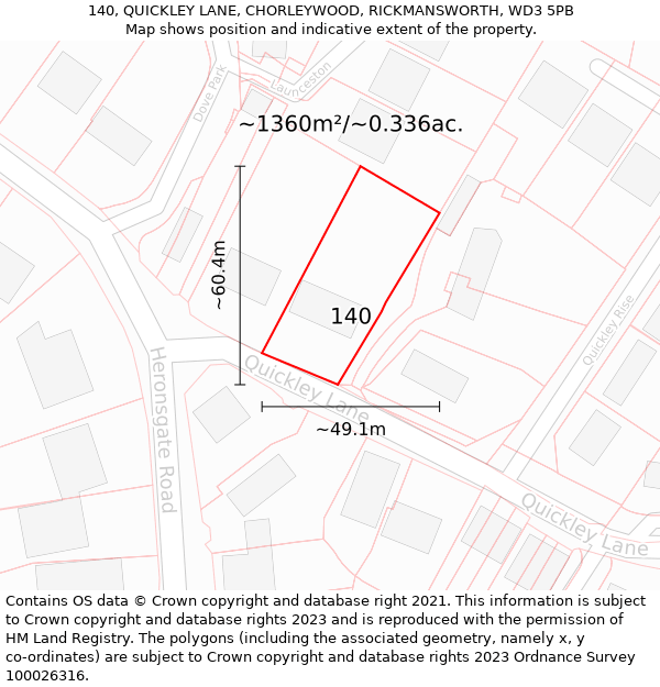 140, QUICKLEY LANE, CHORLEYWOOD, RICKMANSWORTH, WD3 5PB: Plot and title map