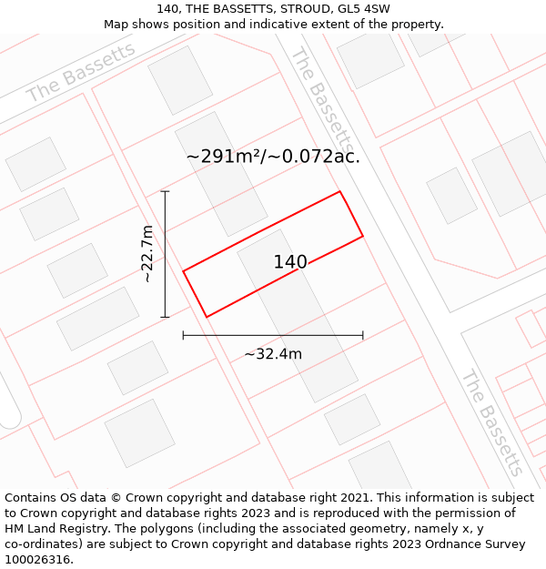 140, THE BASSETTS, STROUD, GL5 4SW: Plot and title map