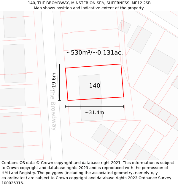 140, THE BROADWAY, MINSTER ON SEA, SHEERNESS, ME12 2SB: Plot and title map