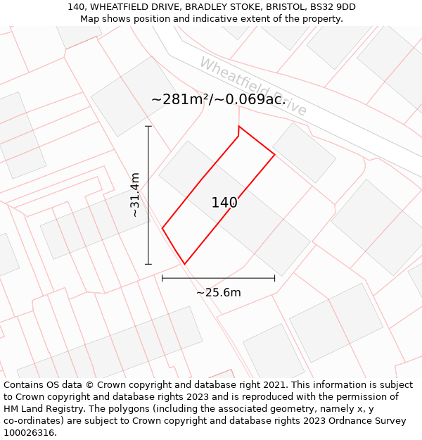 140, WHEATFIELD DRIVE, BRADLEY STOKE, BRISTOL, BS32 9DD: Plot and title map