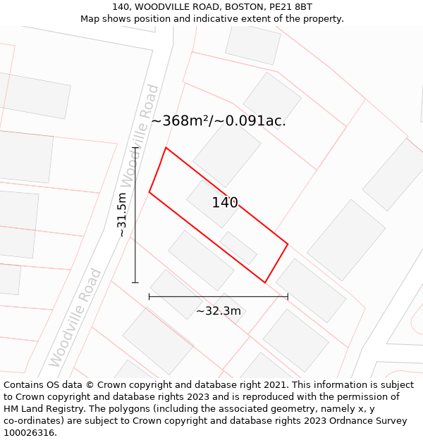 140, WOODVILLE ROAD, BOSTON, PE21 8BT: Plot and title map