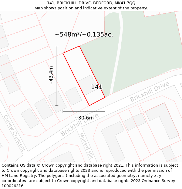 141, BRICKHILL DRIVE, BEDFORD, MK41 7QQ: Plot and title map