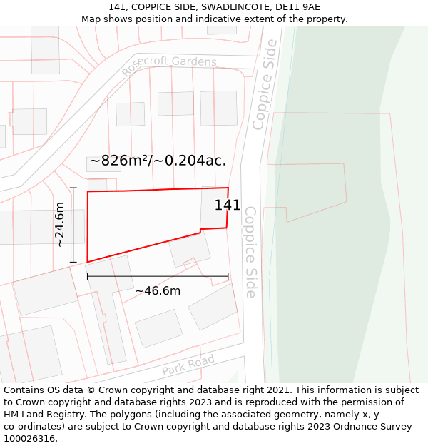 141, COPPICE SIDE, SWADLINCOTE, DE11 9AE: Plot and title map