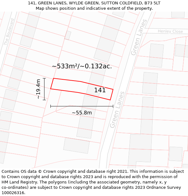 141, GREEN LANES, WYLDE GREEN, SUTTON COLDFIELD, B73 5LT: Plot and title map