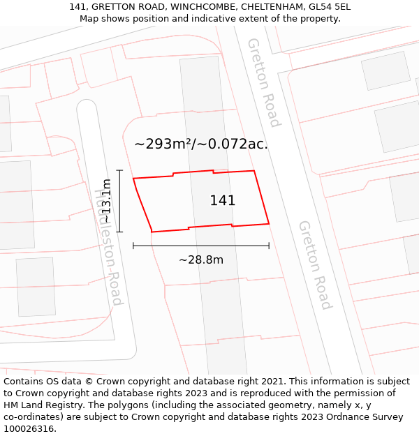 141, GRETTON ROAD, WINCHCOMBE, CHELTENHAM, GL54 5EL: Plot and title map