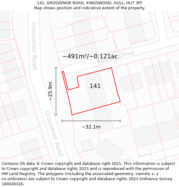 141, GROSVENOR ROAD, KINGSWOOD, HULL, HU7 3FF: Plot and title map