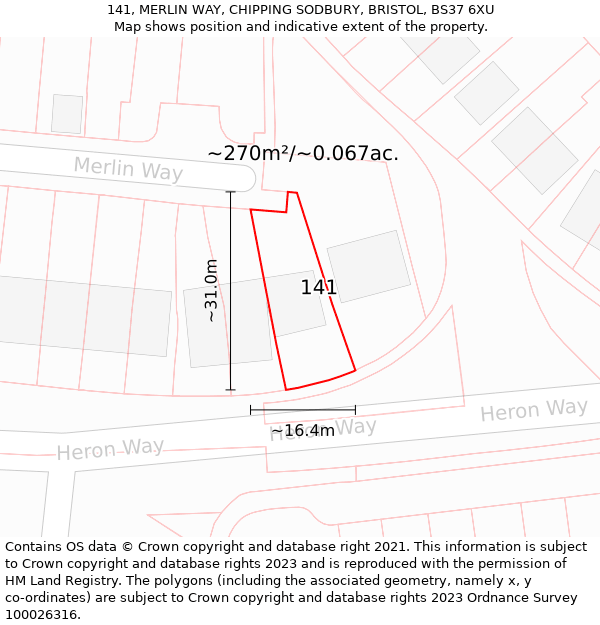 141, MERLIN WAY, CHIPPING SODBURY, BRISTOL, BS37 6XU: Plot and title map