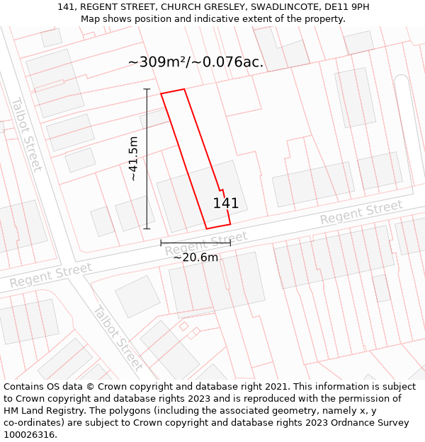 141, REGENT STREET, CHURCH GRESLEY, SWADLINCOTE, DE11 9PH: Plot and title map