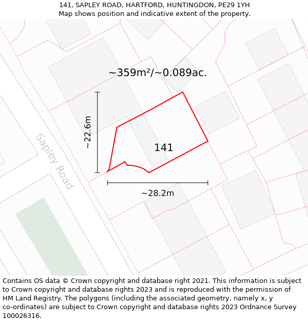 141, SAPLEY ROAD, HARTFORD, HUNTINGDON, PE29 1YH: Plot and title map