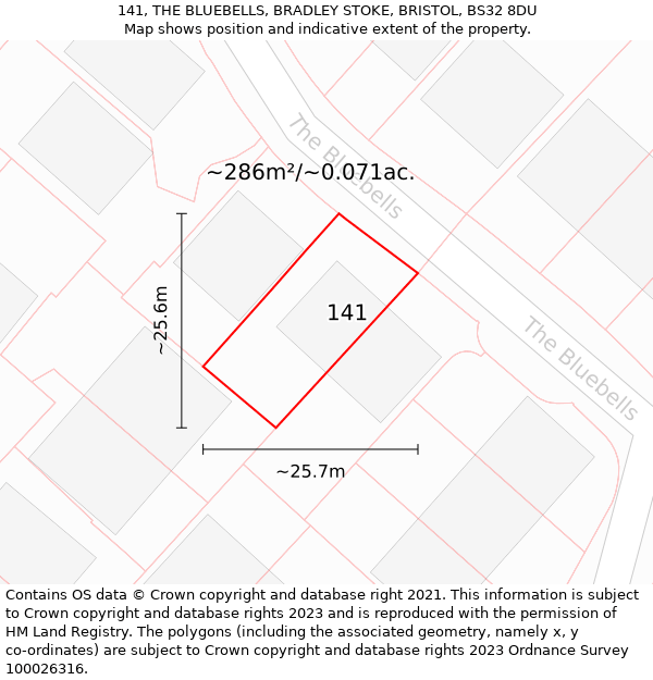 141, THE BLUEBELLS, BRADLEY STOKE, BRISTOL, BS32 8DU: Plot and title map