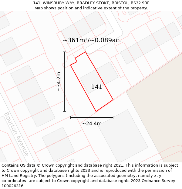 141, WINSBURY WAY, BRADLEY STOKE, BRISTOL, BS32 9BF: Plot and title map