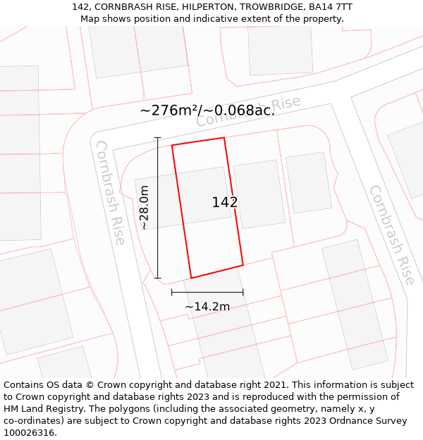 142, CORNBRASH RISE, HILPERTON, TROWBRIDGE, BA14 7TT: Plot and title map