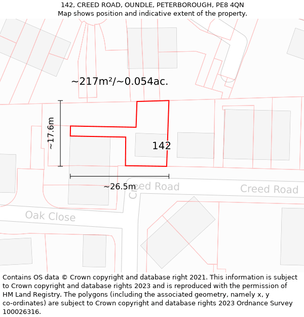 142, CREED ROAD, OUNDLE, PETERBOROUGH, PE8 4QN: Plot and title map