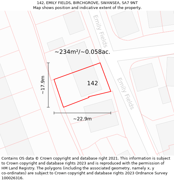 142, EMILY FIELDS, BIRCHGROVE, SWANSEA, SA7 9NT: Plot and title map