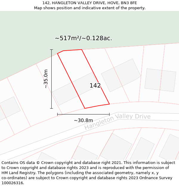 142, HANGLETON VALLEY DRIVE, HOVE, BN3 8FE: Plot and title map