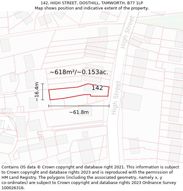 142, HIGH STREET, DOSTHILL, TAMWORTH, B77 1LP: Plot and title map