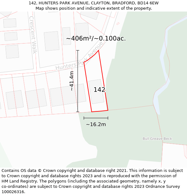 142, HUNTERS PARK AVENUE, CLAYTON, BRADFORD, BD14 6EW: Plot and title map