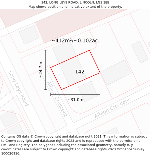 142, LONG LEYS ROAD, LINCOLN, LN1 1EE: Plot and title map