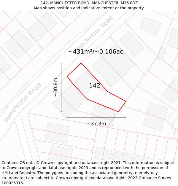 142, MANCHESTER ROAD, MANCHESTER, M16 0DZ: Plot and title map
