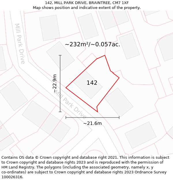 142, MILL PARK DRIVE, BRAINTREE, CM7 1XF: Plot and title map