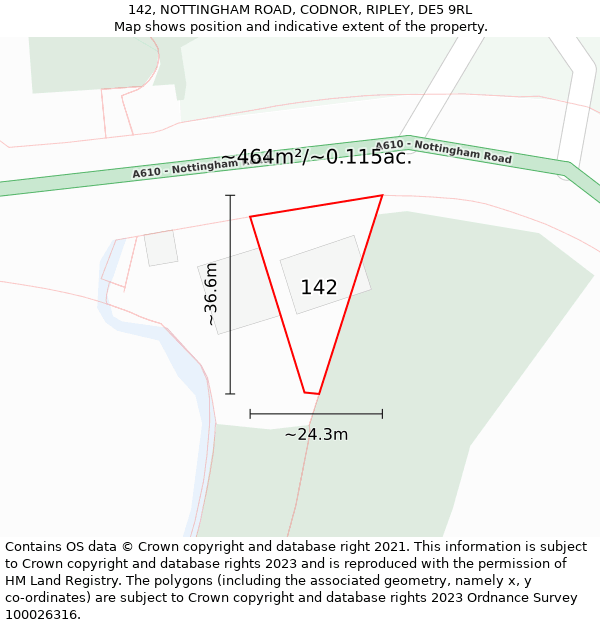 142, NOTTINGHAM ROAD, CODNOR, RIPLEY, DE5 9RL: Plot and title map