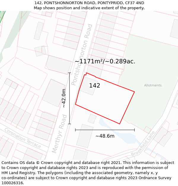 142, PONTSHONNORTON ROAD, PONTYPRIDD, CF37 4ND: Plot and title map