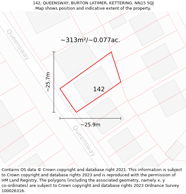 142, QUEENSWAY, BURTON LATIMER, KETTERING, NN15 5QJ: Plot and title map