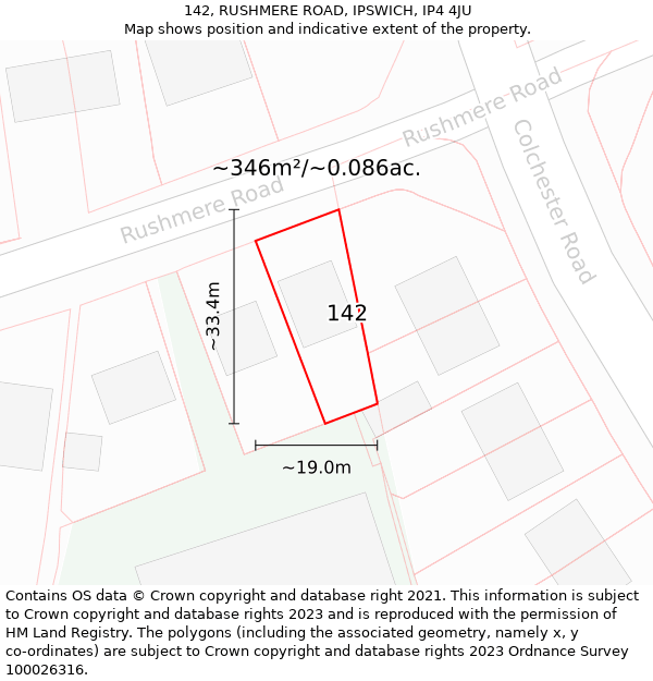 142, RUSHMERE ROAD, IPSWICH, IP4 4JU: Plot and title map
