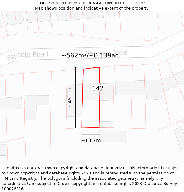 142, SAPCOTE ROAD, BURBAGE, HINCKLEY, LE10 2AY: Plot and title map