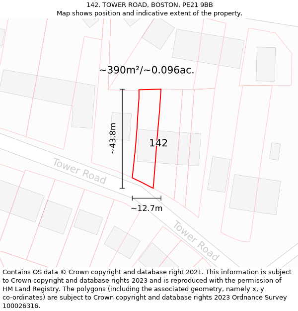 142, TOWER ROAD, BOSTON, PE21 9BB: Plot and title map
